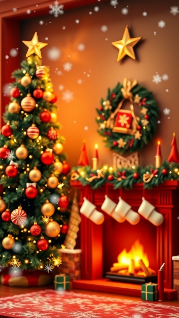 A festive Christmas background with a decorated tree, snowflakes, and a cozy fireplace.